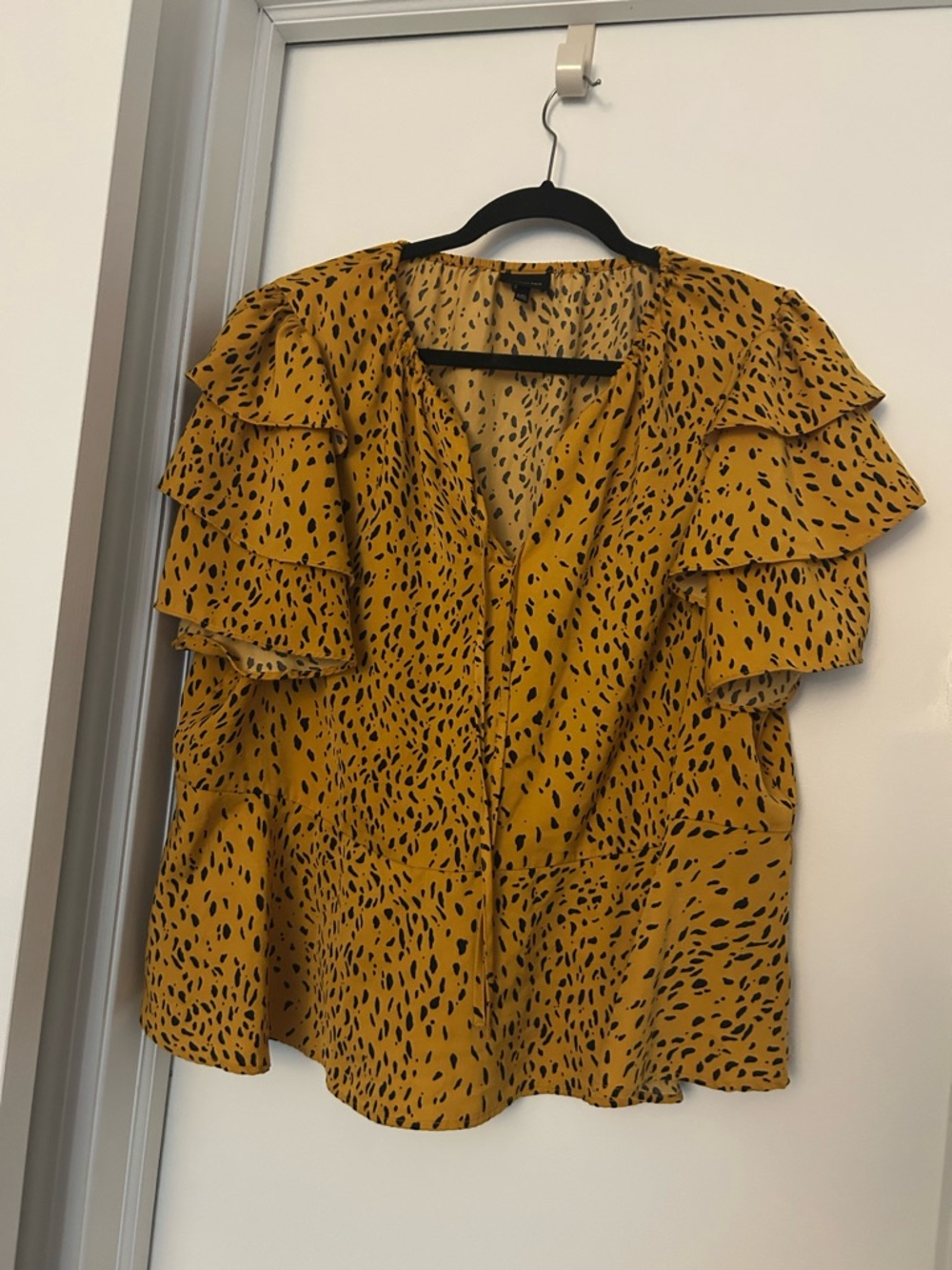 Who What Wear Mustard Ruffled Flutter Sleeve Blouse with Black Spot Print